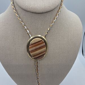 Agate Bolo Tie Gold Tone Silver & Gold Cord
